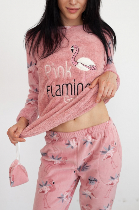 Pijama dama cocolino, pufoasa cu imprimeu Flamingo corai-cadou masca somn ochi [2]