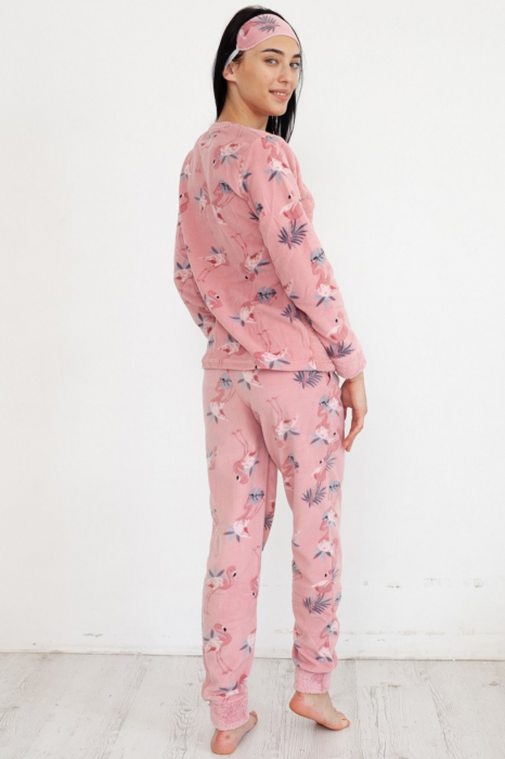 Pijama dama cocolino, pufoasa cu imprimeu Flamingo corai-cadou masca somn ochi [6]