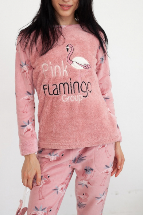 Pijama dama cocolino, pufoasa cu imprimeu Flamingo corai-cadou masca somn ochi [4]