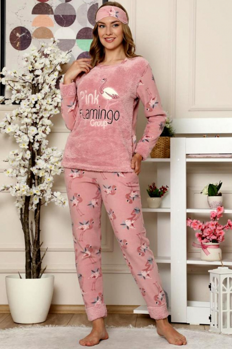 Pijama dama cocolino, pufoasa cu imprimeu Flamingo corai-cadou masca somn ochi [1]
