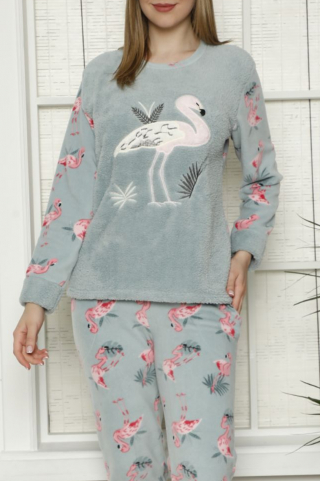 Pijama dama cocolino, pufoasa cu imprimeu Flamingo vernil [4]