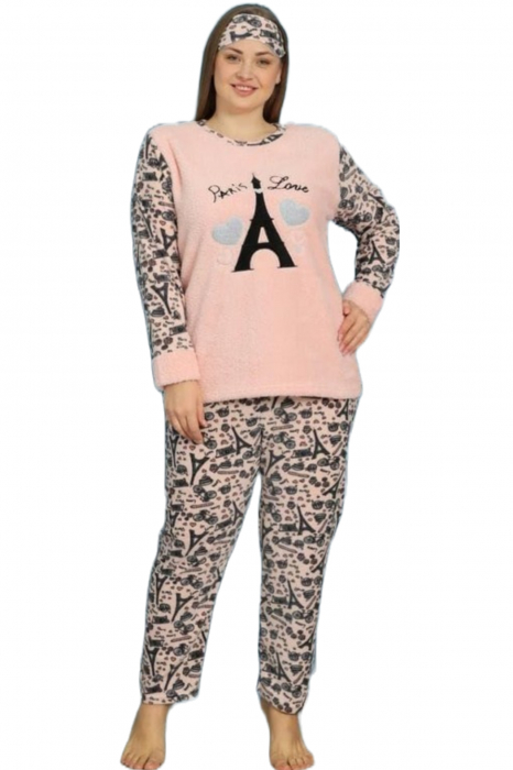 Pijama dama cocolino batal-marime mare, pufoasa cu imprimeu Love Paris, Corai [5]