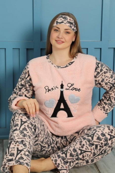Pijama dama cocolino batal-marime mare, pufoasa cu imprimeu Love Paris, Corai [2]