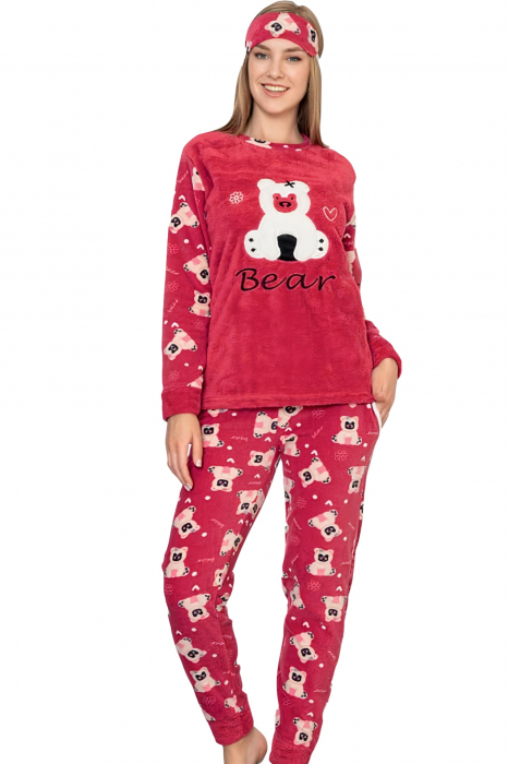 Pijama dama cocolino, pufoasa cu imprimeu Happy Bear rosu [4]