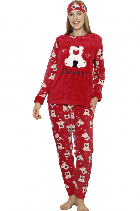 Pijama dama cocolino, pufoasa cu imprimeu Happy Bear rosu [5]