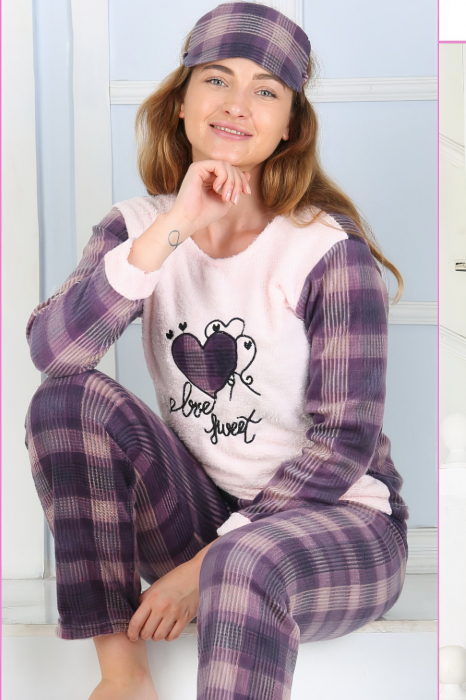 Pijama dama cocolino, pufoasa cu imprimeu Love sweet mov [3]