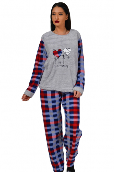 Pijama dama, cocolino pufoasa cu imprimeu Happy Day, Gri/Bleumarin [5]