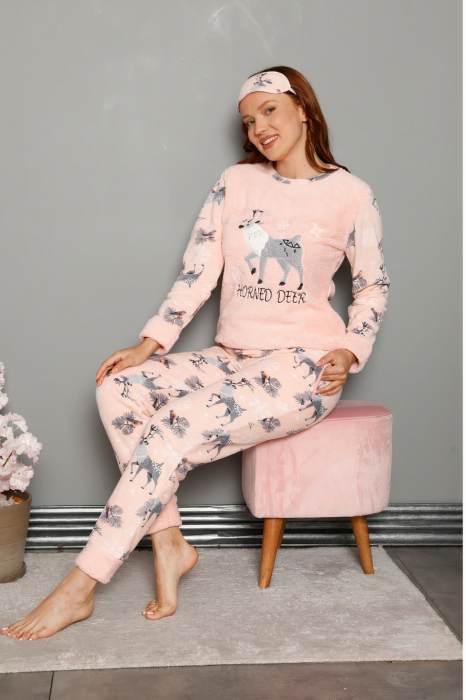 Pijama dama cocolino, pufoasa cu imprimeu Reni, Corai [1]