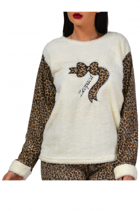 Pijama dama, cocolino pufoasa cu imprimeu Leopard, Alb [3]