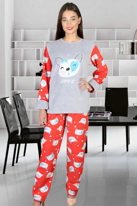 Pijama dama cocolino, pufoasa cu imprimeu Pisicuta love, Rosu/Gri [5]