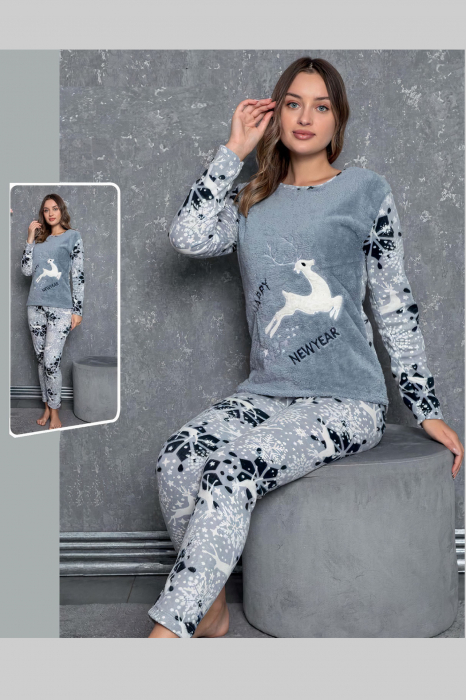Pijama dama cocolino, pufoasa cu imprimeu Reni Craciun [3]
