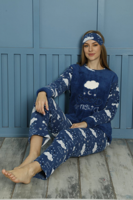 Pijama dama cocolino, pufoasa cu imprimeu Good night albastru - ideala cadou Craciun [2]