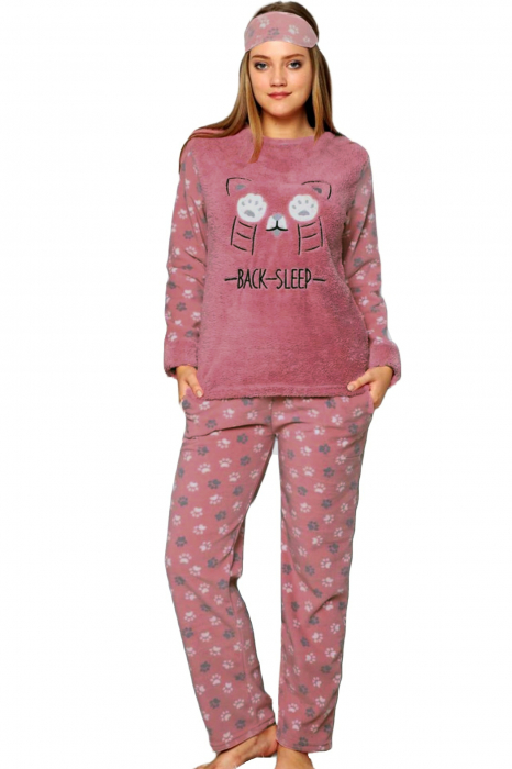 Pijama dama cocolino, pufoasa si calduroasa cu imprimeu Pisicuta back sleeep, roz inchis [2]