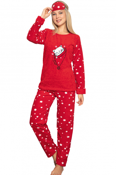 Pijama dama cocolino, pufoasa cu imprimeu Pisicuta sleep rosu [5]
