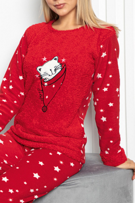 Pijama dama cocolino, pufoasa cu imprimeu Pisicuta sleep rosu [4]