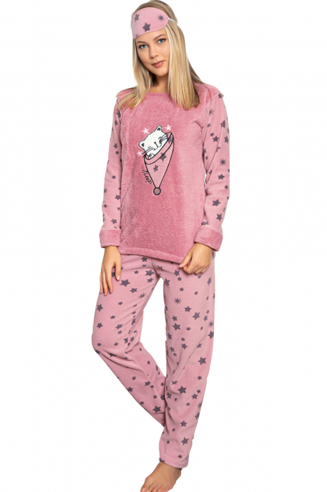 Pijama dama cocolino, pufoasa cu imprimeu Pisicuta sleep corai [5]