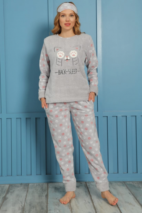 Pijama dama cocolino, pufoasa cu imprimeu Pisicuta back sleep gri [1]