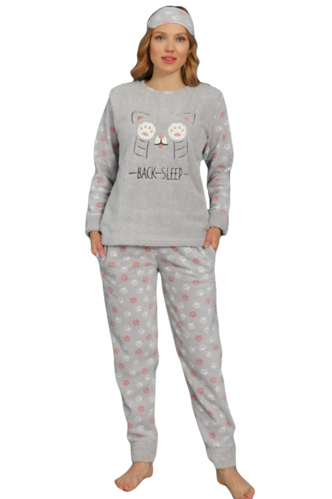 Pijama dama cocolino, pufoasa cu imprimeu Pisicuta back sleep gri [6]