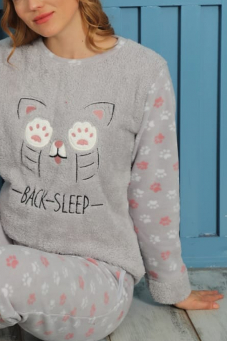Pijama dama cocolino, pufoasa cu imprimeu Pisicuta back sleep gri [5]
