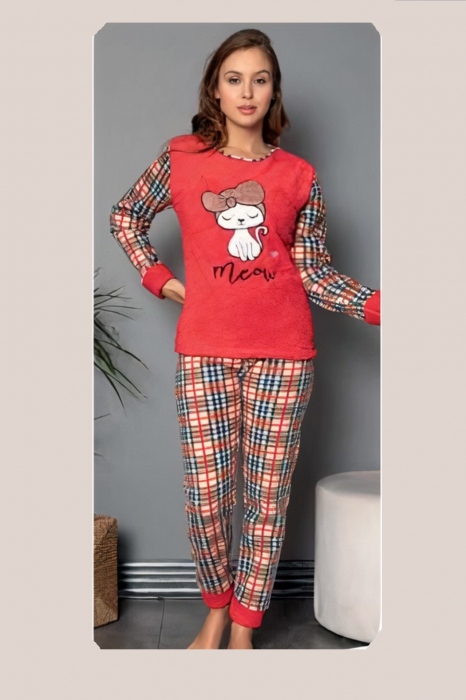 Pijama dama cocolino, pufoasa cu imprimeu Pisicuta Meow [5]