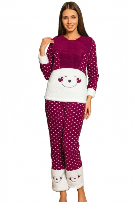 Pijama dama cocolino, pufoasa cu imprimeu happy smile, Visiniu [4]