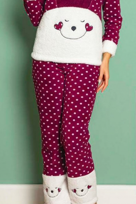 Pijama dama cocolino, pufoasa cu imprimeu happy smile, Visiniu [3]