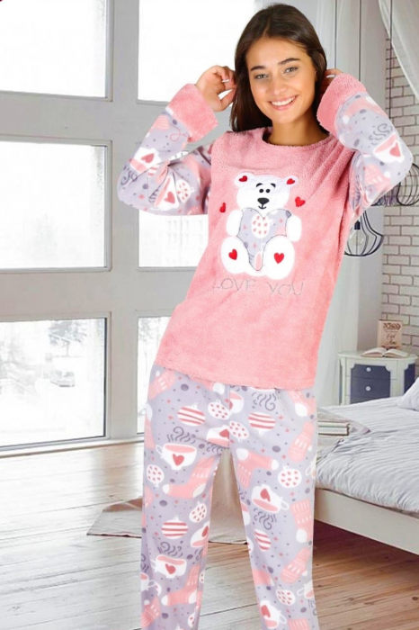 Pijama dama, cocolino pufoasa cu imprimeu Ursulet-Love, roz [5]