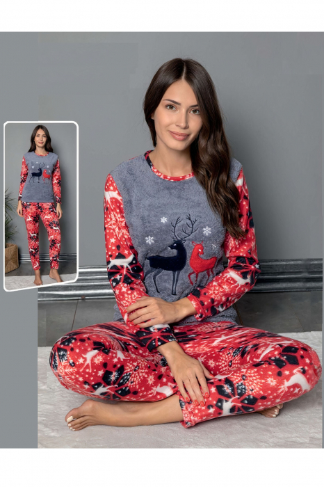 Pijama dama cocolino, pufoasa cu imprimeu Reni Craciun [2]