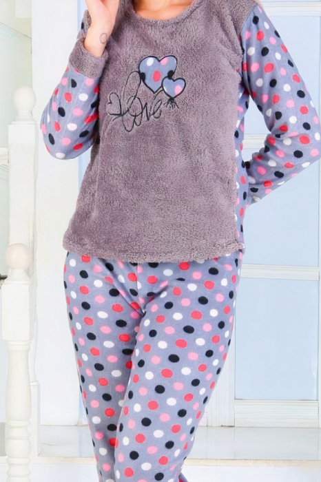 Pijama dama cocolino, pufoasa cu imprimeu Love, Gri [4]