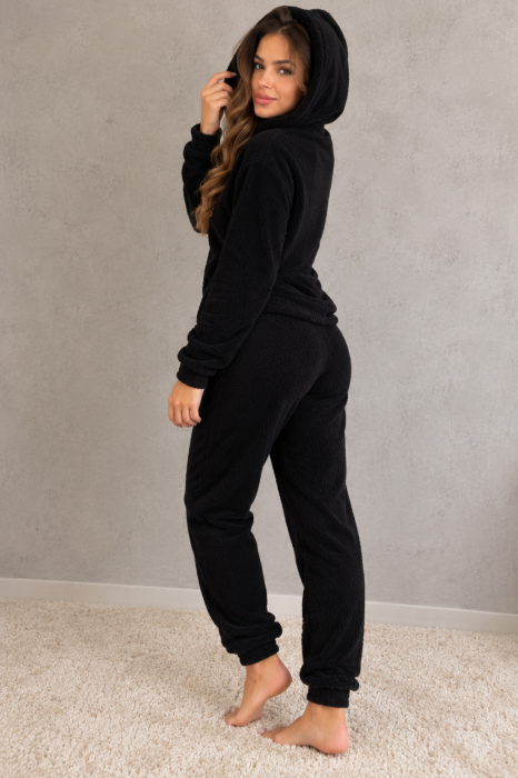 Pijama dama cocolino pufoasa si calduroasa, 2 piese, cu gluga, neagra Lovely 7020 [4]