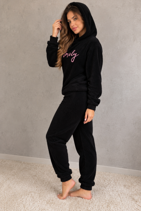 Pijama dama cocolino pufoasa si calduroasa, 2 piese, cu gluga, neagra Lovely 7020 [3]