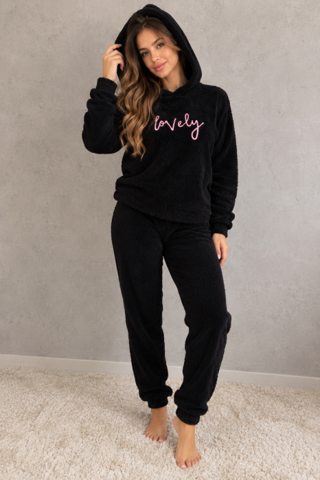 Pijama dama cocolino pufoasa si calduroasa, 2 piese, cu gluga, neagra Lovely 7020 [5]