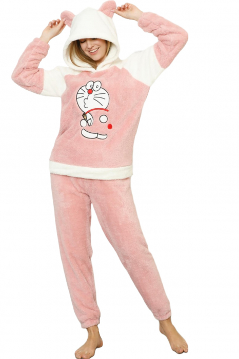 Pijama dama cocolino, pufoasa si calduroasa, cu gluga, imprimeu pisicuta, roz [4]