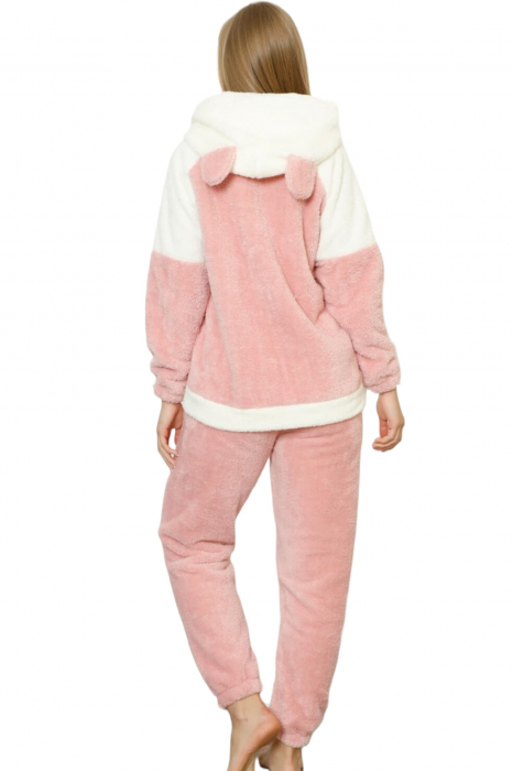 Pijama dama cocolino, pufoasa si calduroasa, cu gluga, imprimeu pisicuta, roz [5]