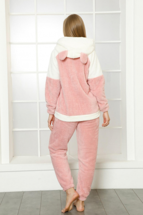 Pijama dama cocolino, pufoasa si calduroasa, cu gluga, imprimeu pisicuta, roz [2]