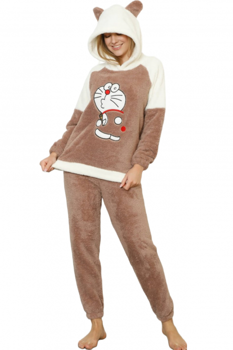 Pijama dama cocolino, pufoasa si calduroasa, cu gluga, imprimeu pisicuta, maro [6]