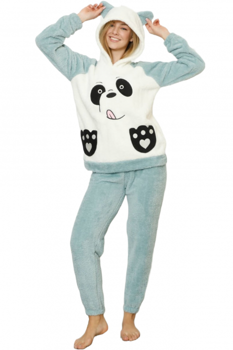 Pijama dama cocolino, pufoasa si calduroasa, cu gluga, imprimeu ursulet, bleu [6]