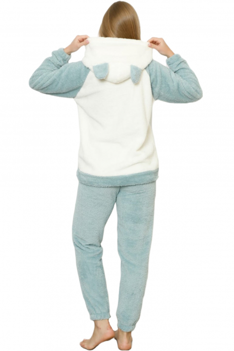 Pijama dama cocolino, pufoasa si calduroasa, cu gluga, imprimeu ursulet, bleu [7]