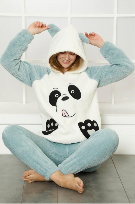 Pijama dama cocolino, pufoasa si calduroasa, cu gluga, imprimeu ursulet, bleu [3]
