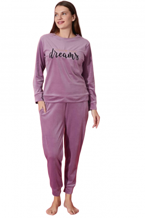 Pijama dama catifea, material moale si delicat, imprimeu Dreams, mov, embody.ro [5]