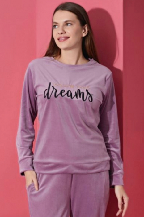 Pijama dama catifea, material moale si delicat, imprimeu Dreams, mov, embody.ro [4]