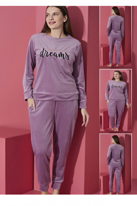 Pijama dama catifea, material moale si delicat, imprimeu Dreams, mov, embody.ro [2]