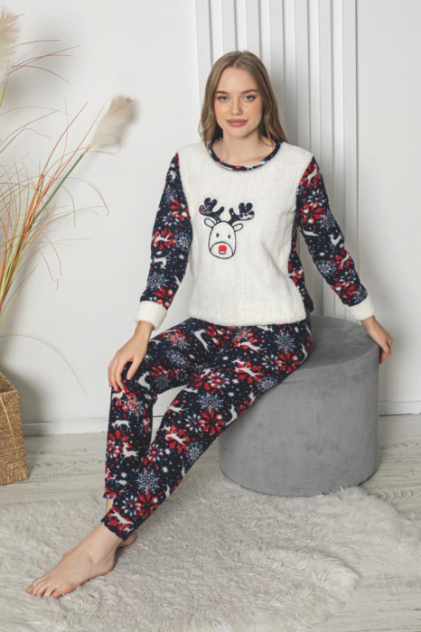 Pijama dama cocolino, pufoasa si calduroasa, imprimeu Craciun, multicolor [2]