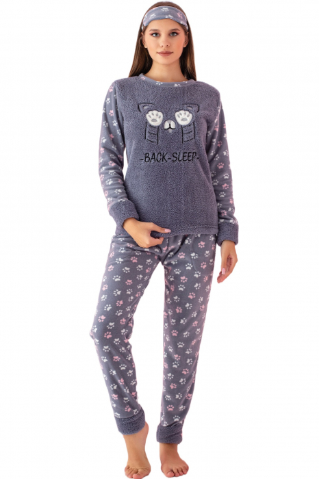 Pijama dama cocolino, pufoasa si calduroasa, imprimeu pisicuta back sleep, gri [4]