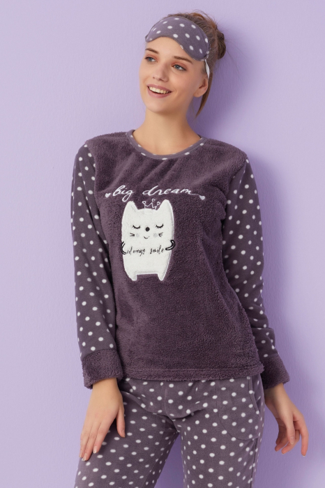 Pijama dama cocolino, pufoasa si calduroasa, imprimeu Big dream, maro [4]