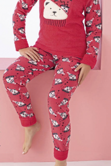 Pijama dama cocolino, pufoasa si calduroasa, imprimeu Craciun Ursulet, rosu [2]