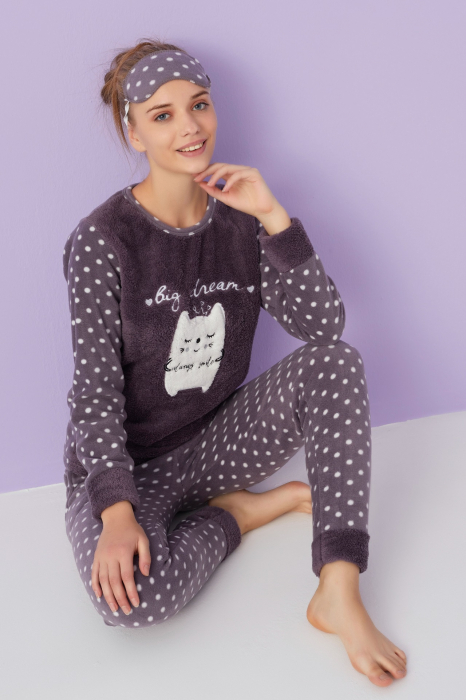 Pijama dama cocolino, pufoasa si calduroasa, imprimeu Big dream, maro [2]