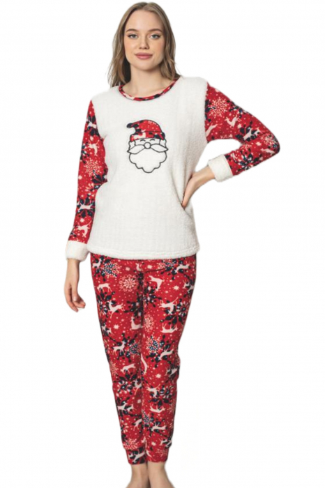 Pijama dama cocolino, pufoasa si calduroasa, imprimeu Craciun, rosu [3]
