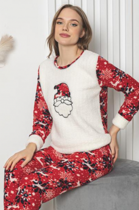 Pijama dama cocolino, pufoasa si calduroasa, imprimeu Craciun, rosu [4]