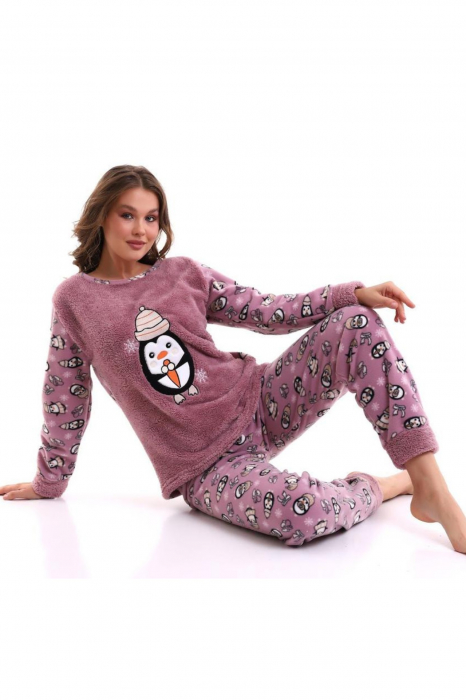 Pijama dama cocolino, pufoasa si calduroasa, imprimeu Craciun pinguin fericit, mov [2]